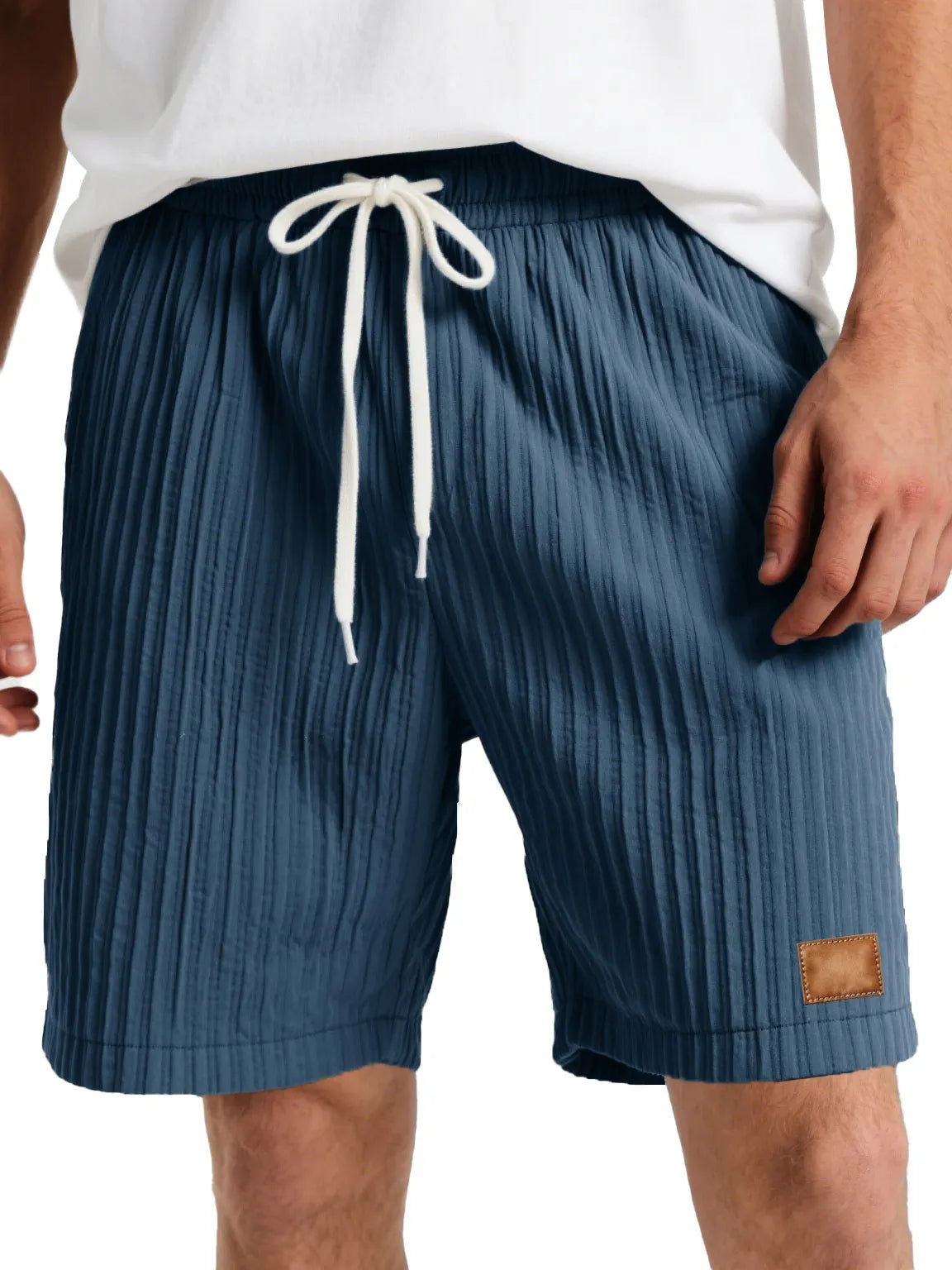 Men's Fashion Casual Striped Fabric Embroidered Logo Lace-up Loose Shorts