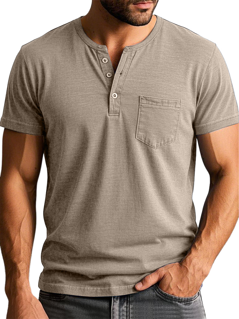 Men's Vintage Henley Collar Pocket Short Sleeve Casual T-shirt