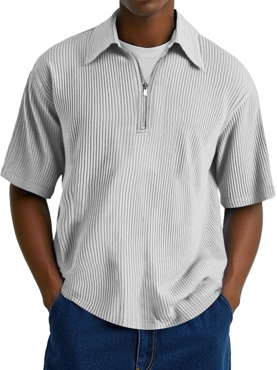Men's Fashion Ribbed Texture Lapel Zipper Casual Comfort Short Sleeve POLO Shirt