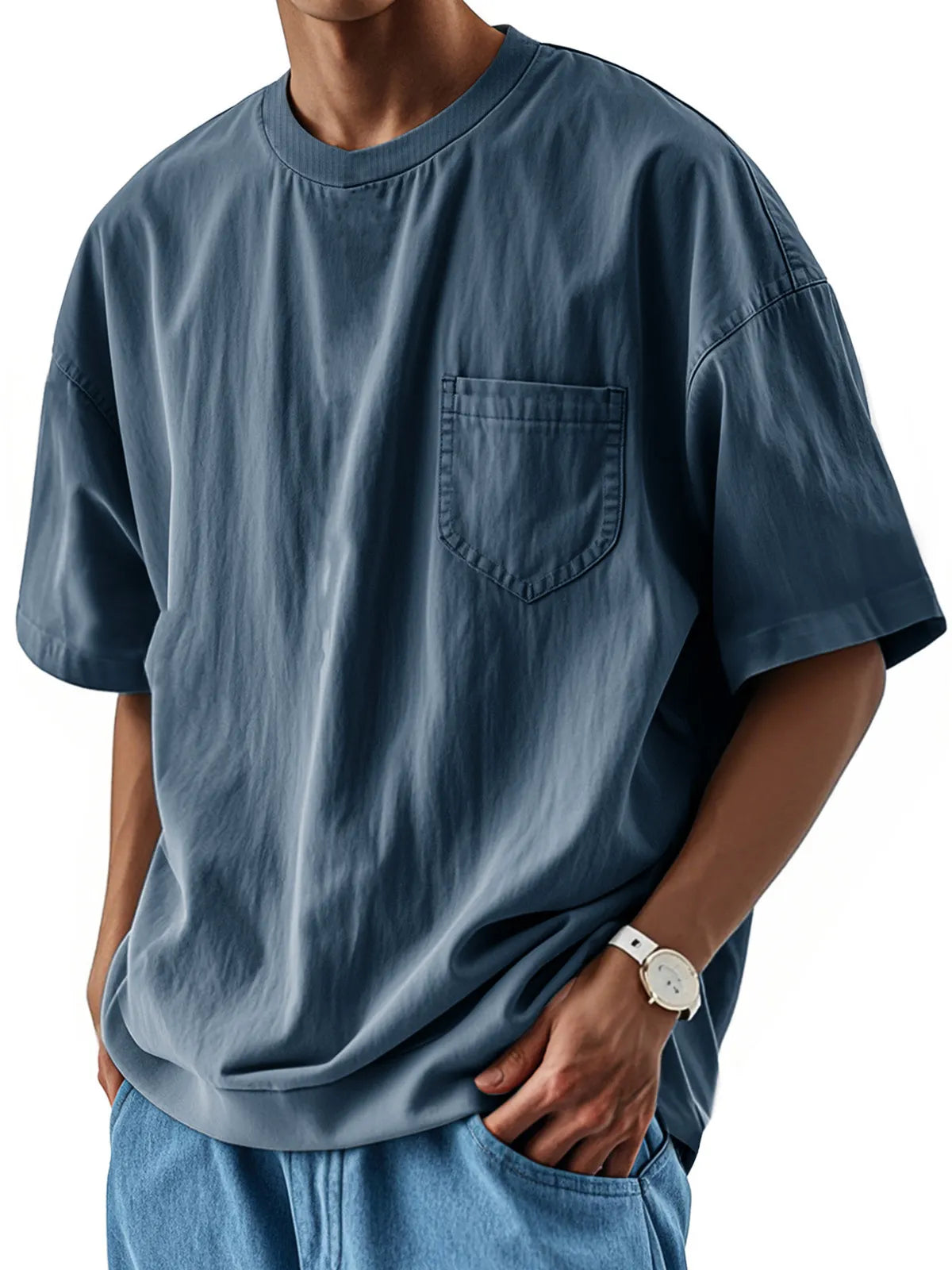 Men's Fashion Casual Retro Shirt Round Neck Pocket Short Sleeve T-Shirt