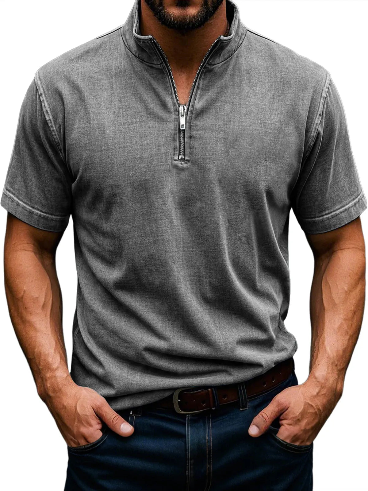 Men's Retro Stand Collar Zipper Casual Solid Color Short Sleeve T-Shirt