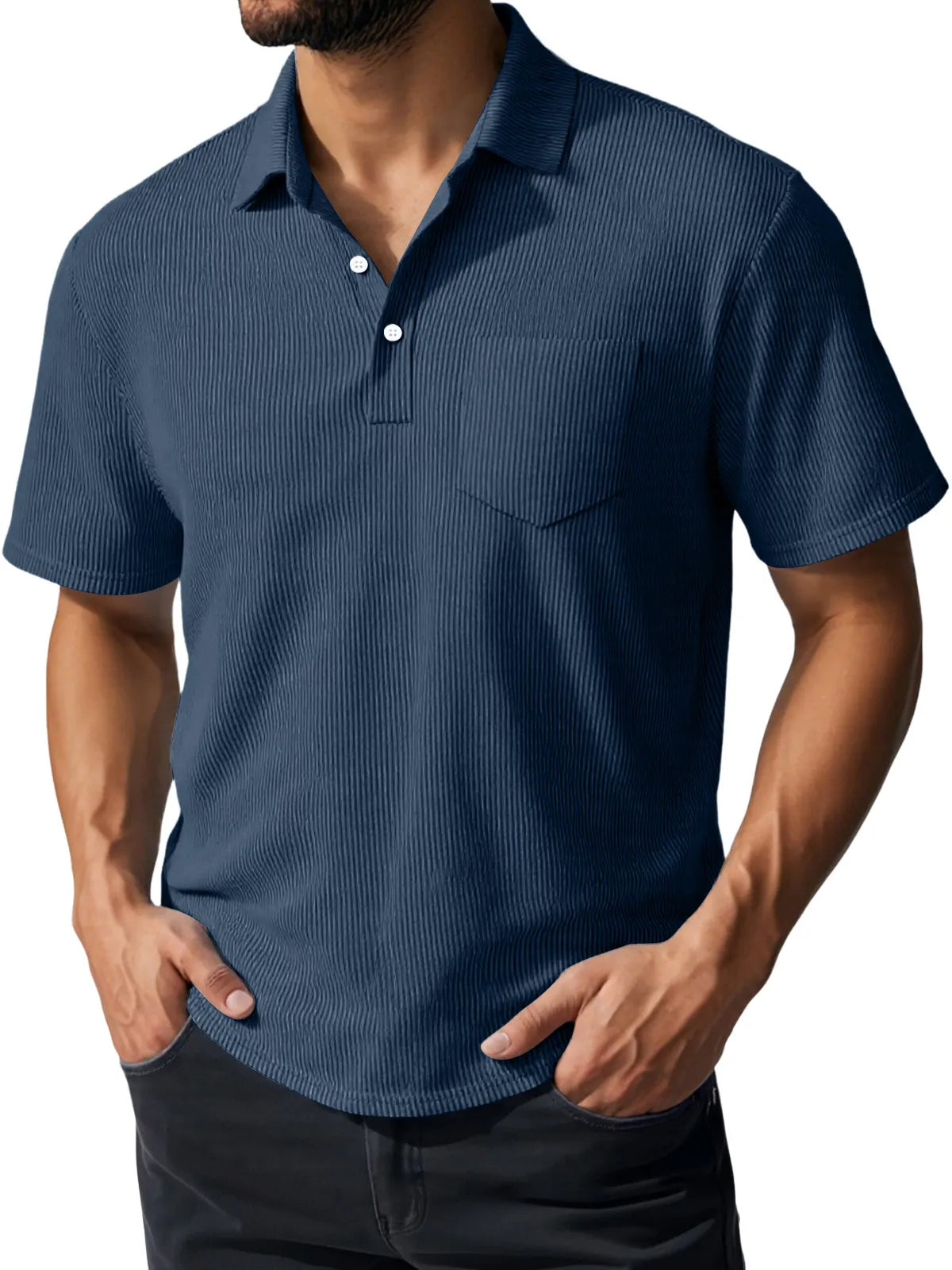 Men's Daily Casual Ribbed Lapel Button Pocket Short-sleeved Polo Shirt