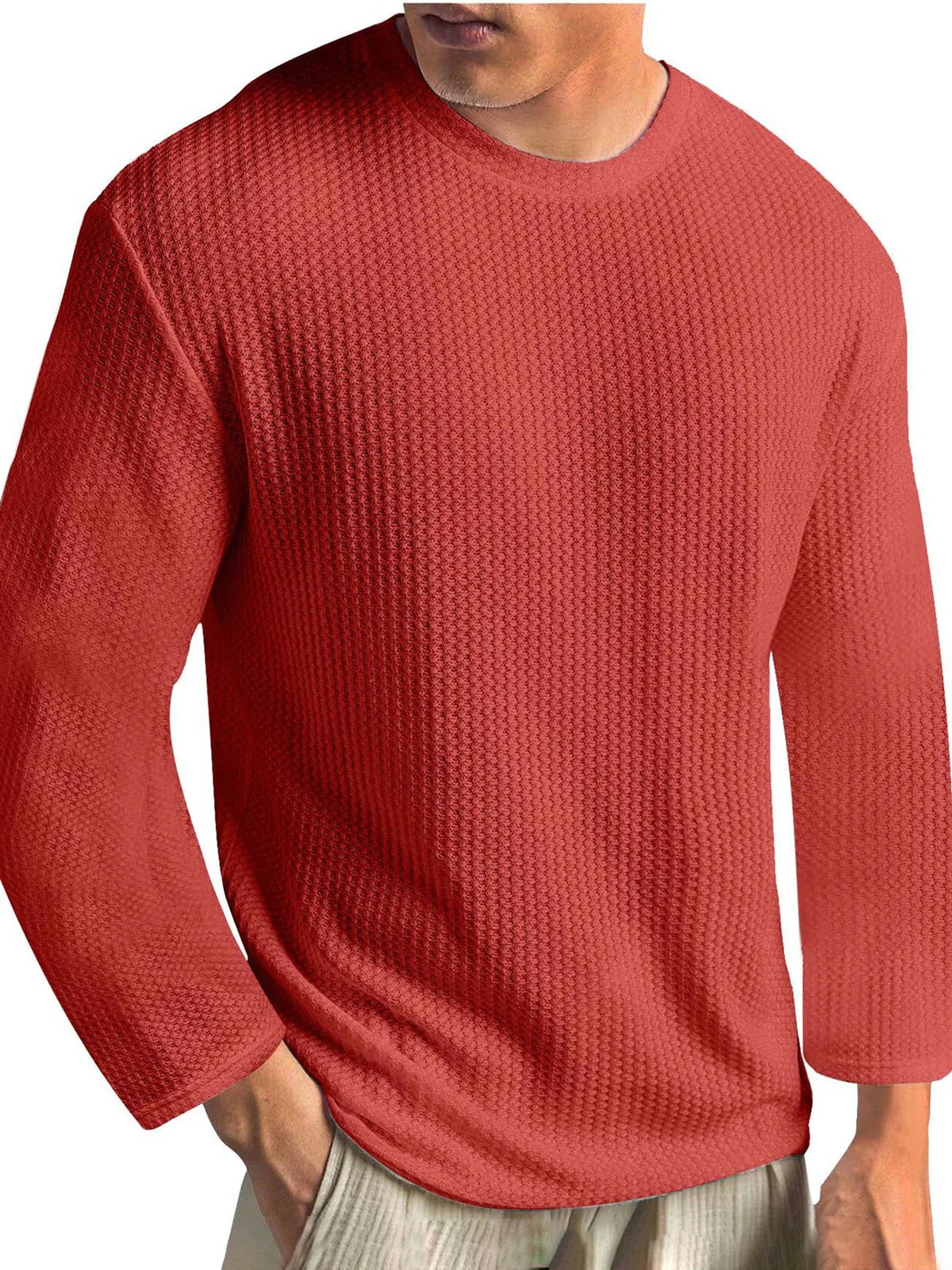 Men's Knitted Waffle Fabric Solid Color Basic Casual Base Outer Wear Long-sleeved T-shirt