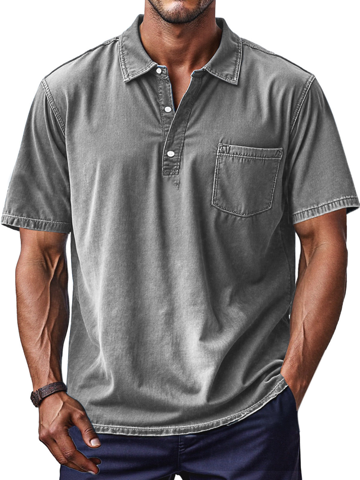 Men's Retro Solid Color Comfortable And Breathable Lapel Button-up Polo Shirt
