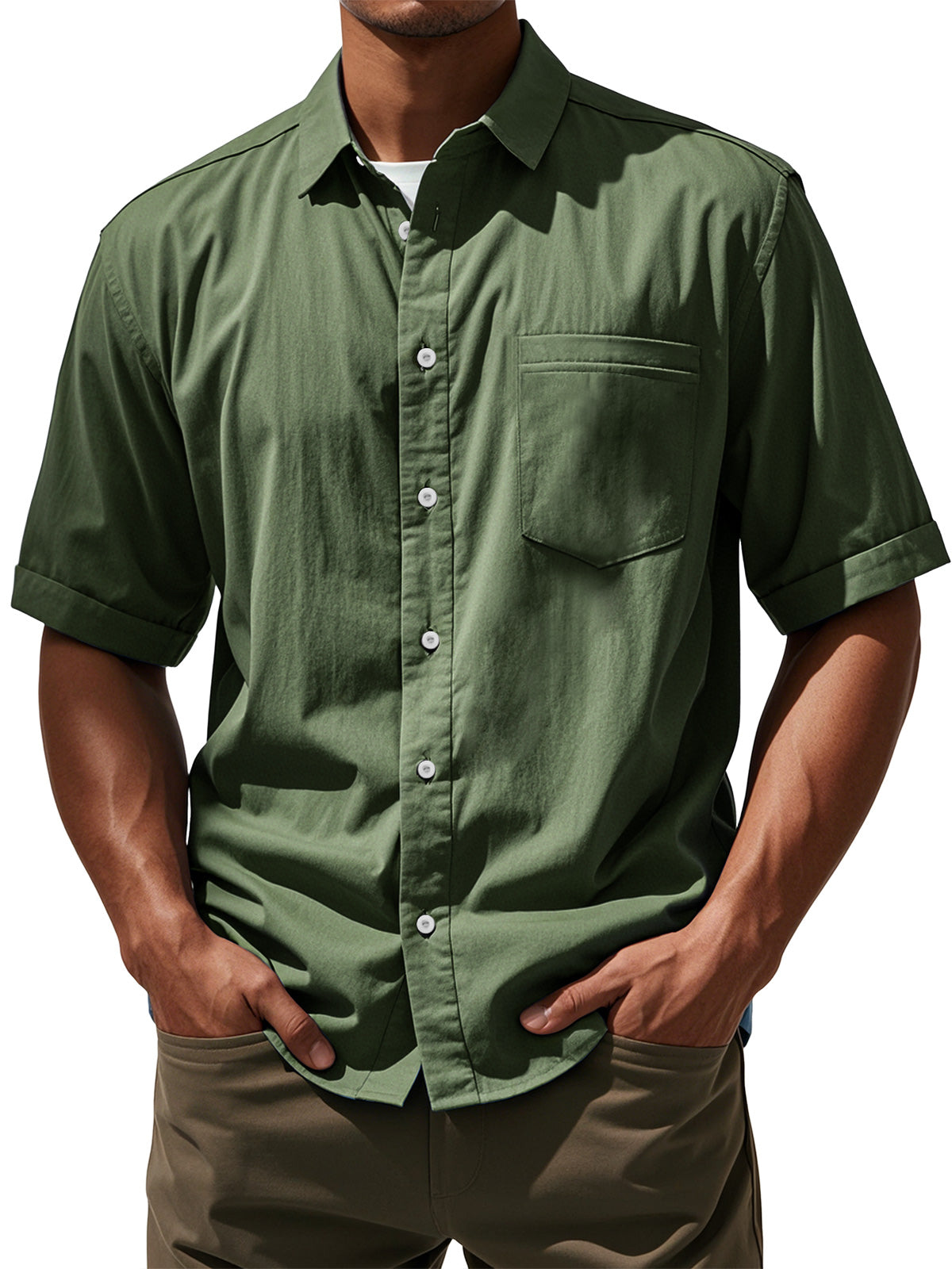 Men's Daily Casual Pocket Solid Color Comfortable Short Sleeve Shirt