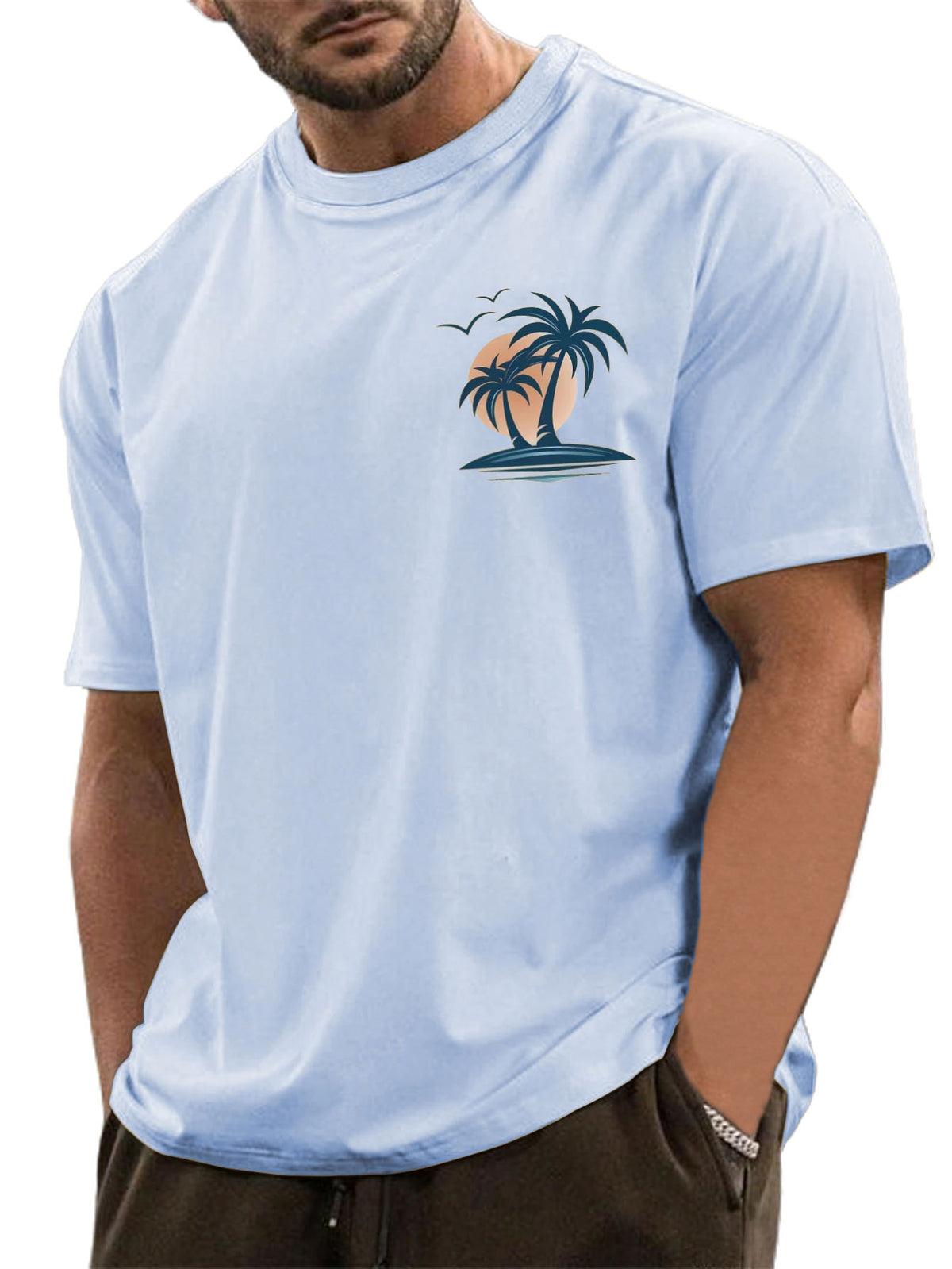 Men's Cotton Basic Casual Palm Tree Print Comfortable Short-sleeved T-shirt
