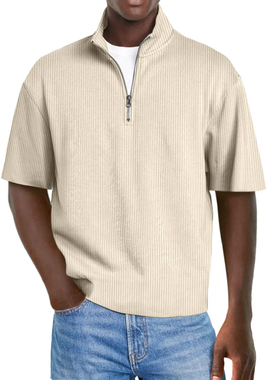 Men's Casual Solid Color Pit Collar Stand Collar Zipper Short Sleeve Polo Shirt