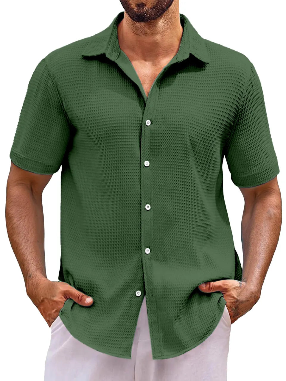 Men's Everyday Loose Solid Color Waffle Short Sleeve Shirt