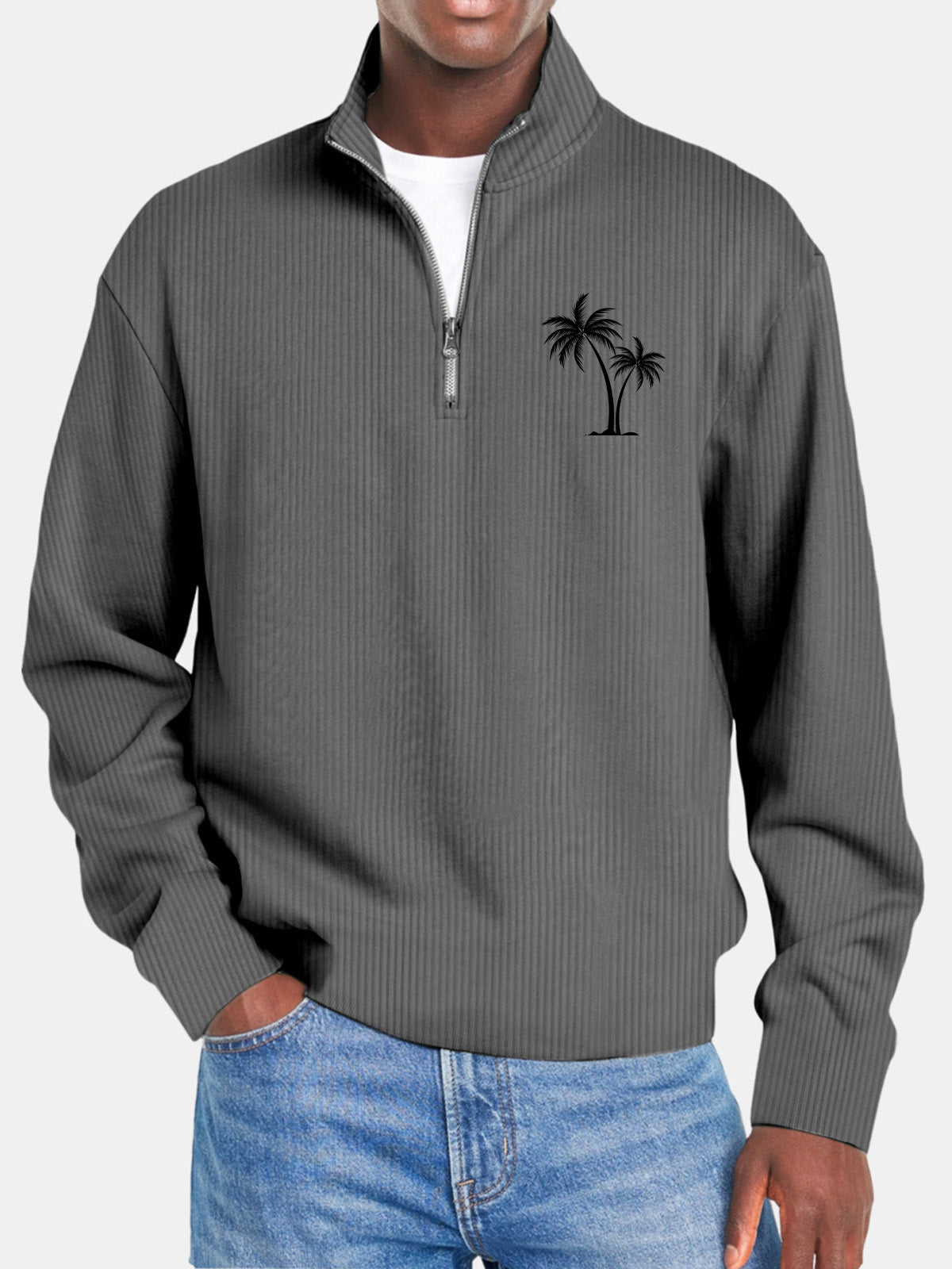 Men's Casual Solid Color Vertical Pit Stripe Coconut Tree Print Zipper Long Sleeve Top