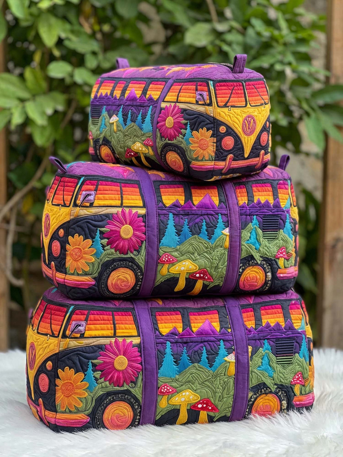 Hippie Van Flower Cotton Quilted Cosmetic Bag
