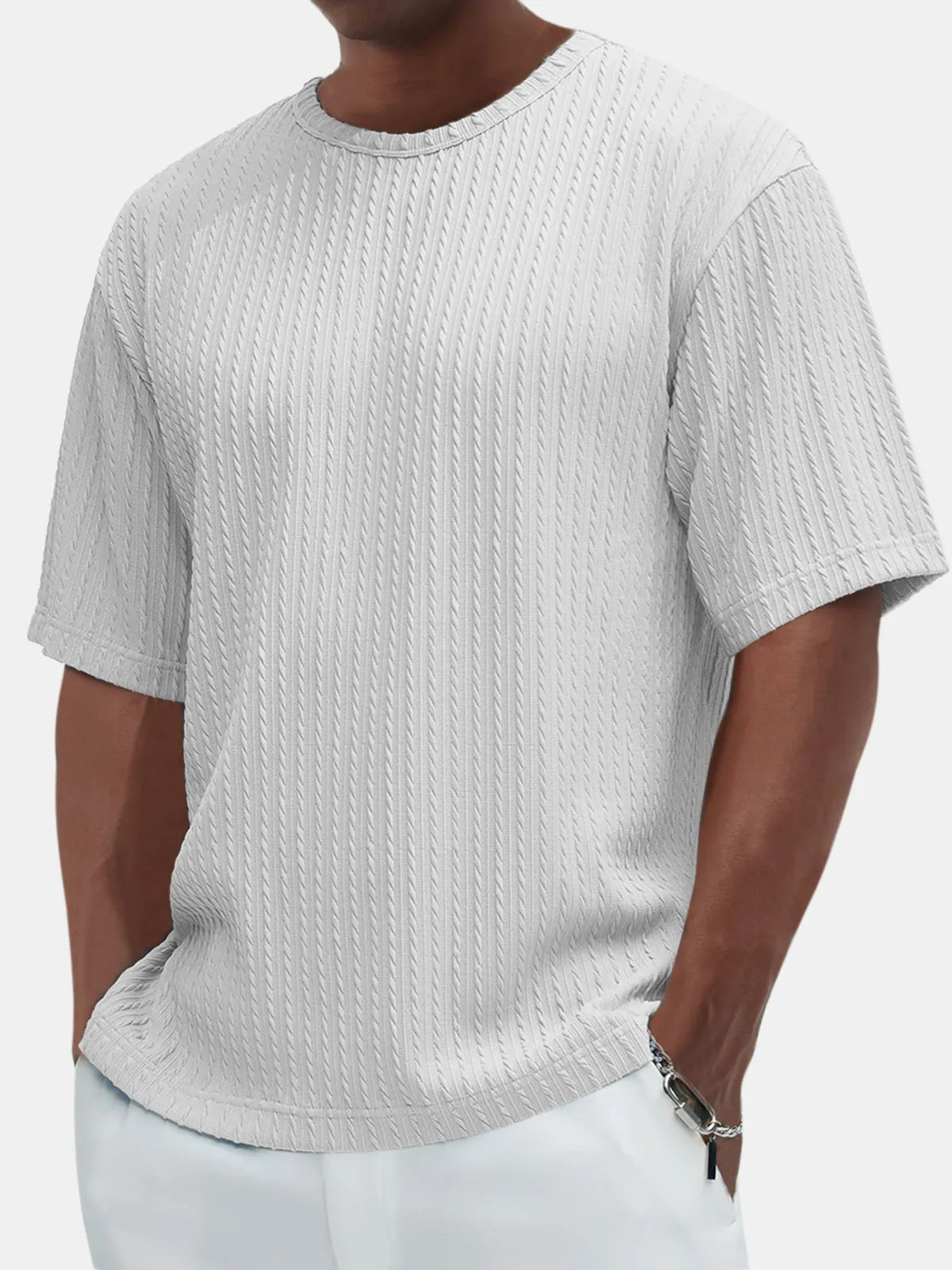 Men's Casual Solid Color Comfortable Daily Jacquard Texture Short-sleeved T-shirt