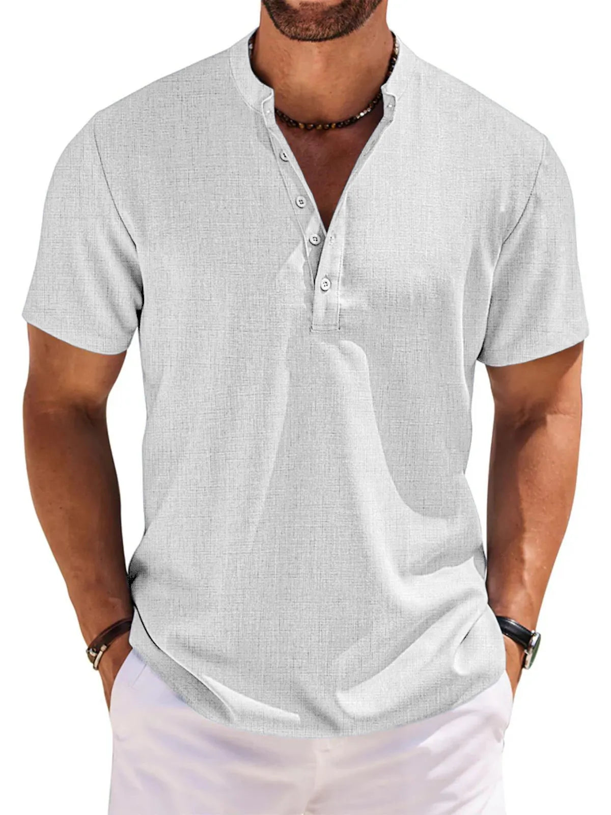 Men's 100% Cotton and Linen Casual Short Sleeve Henley Button Shirt