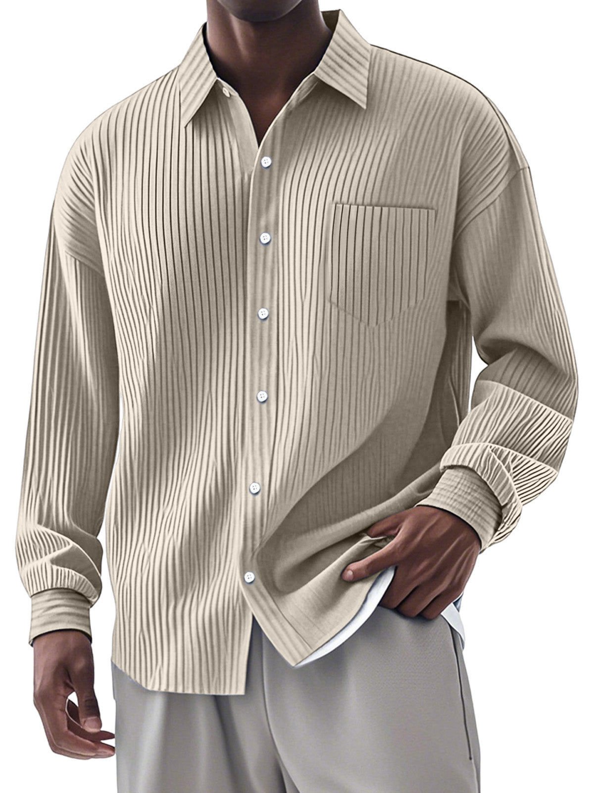 Men's Casual Simple Vertical Pit Strip Long-sleeved Lapel Shirt