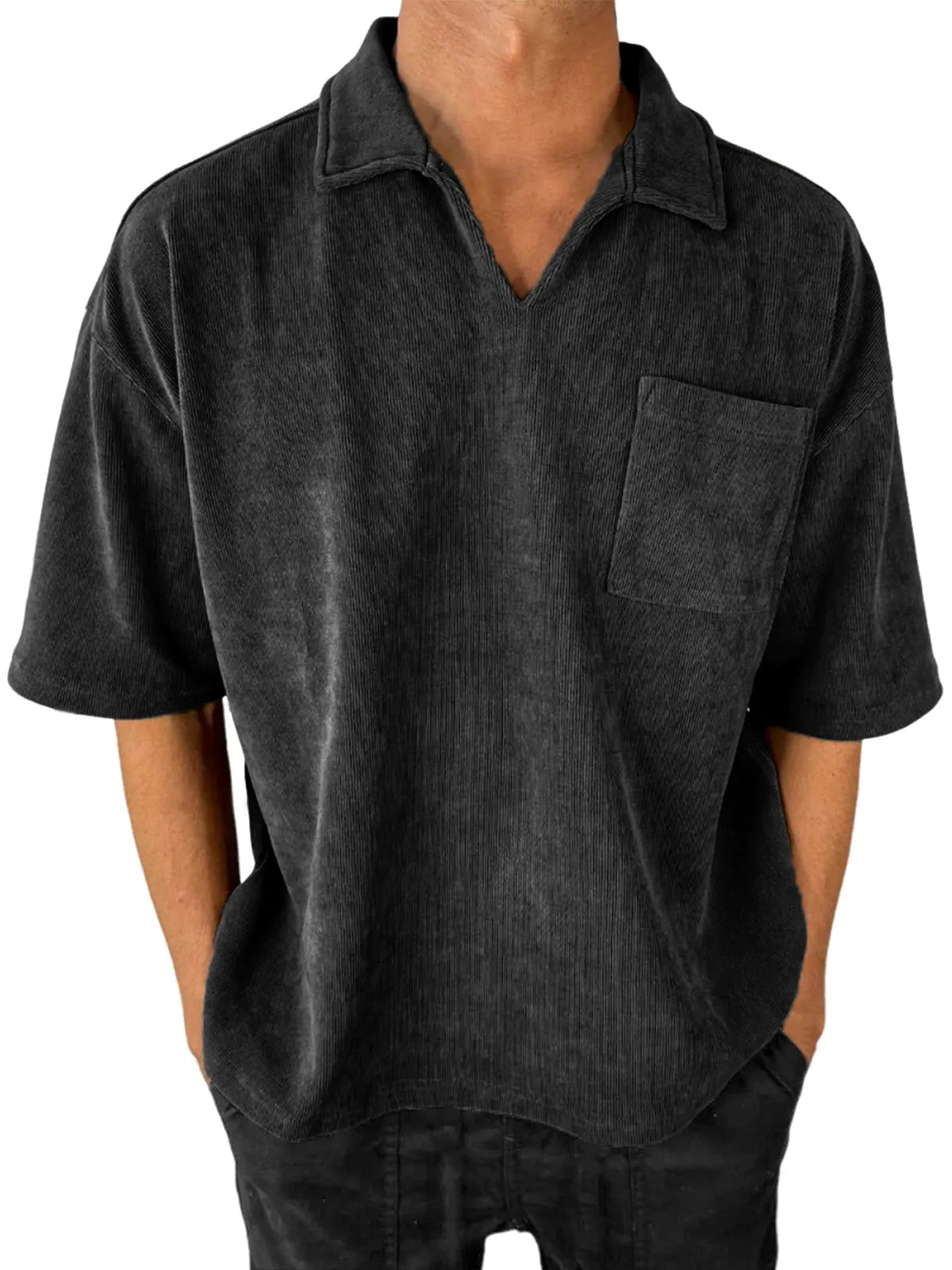 Men's Stylish V-Neck Ribbed Corduroy Casual POLO Shirt With Chest Pocket