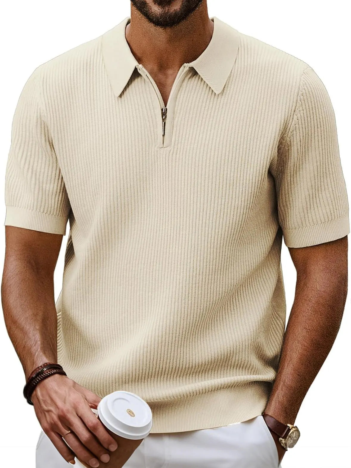 Men's Fashion Daily Casual Ripstop Fabric Zipper Short-sleeved Polo Shirt