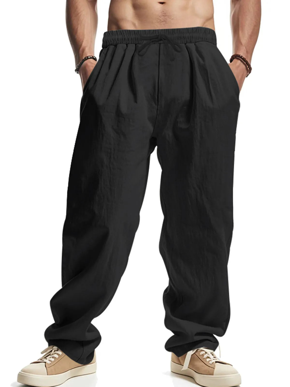 Men's Daily Casual Loose Linen Drawstring Solid Color Trousers