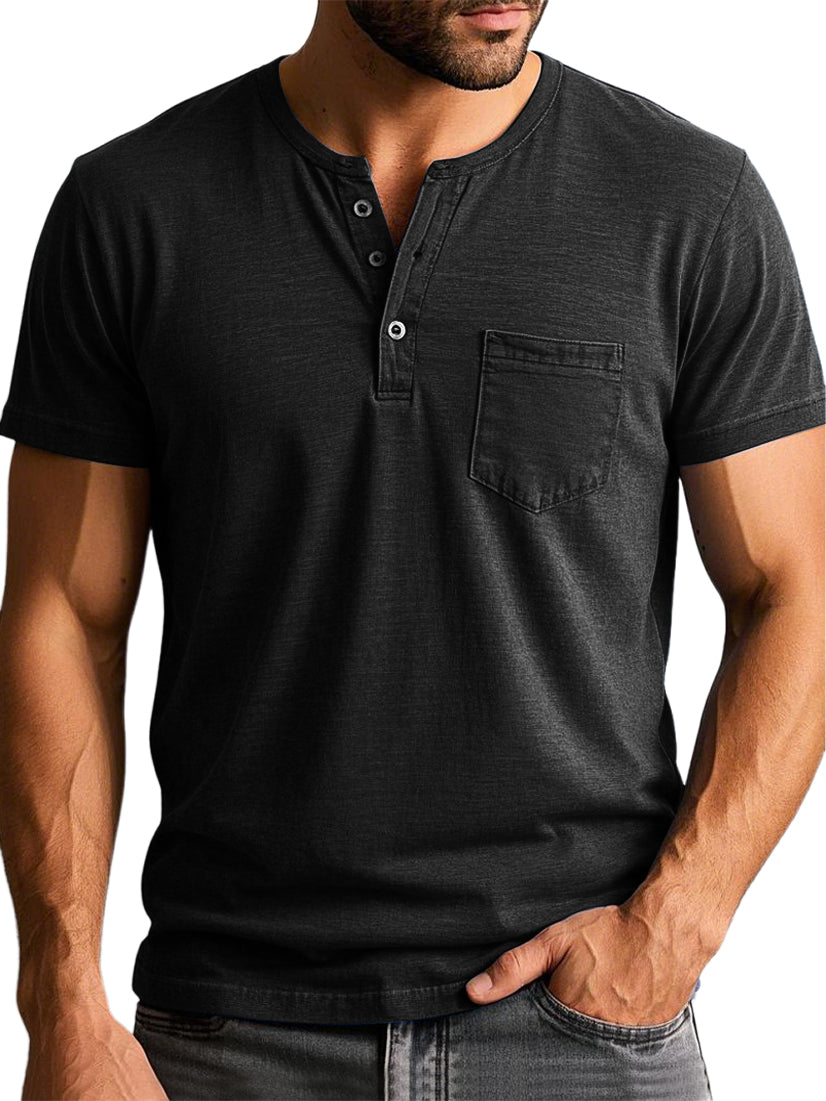 Men's Vintage Henley Collar Pocket Short Sleeve Casual T-shirt