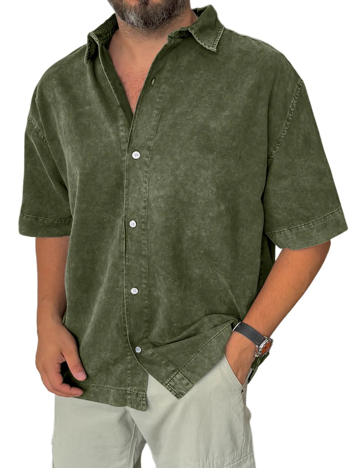 Men's Retro Everyday Casual Lapel Solid Color Short Sleeve Shirt