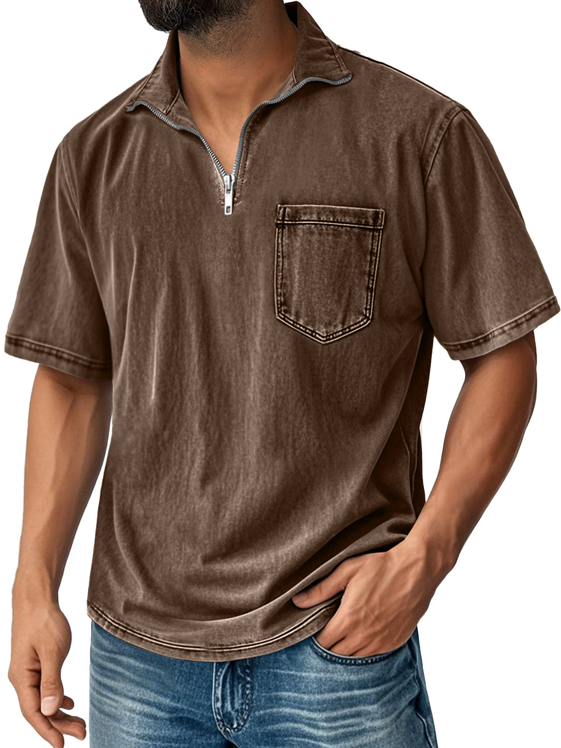 Men's Retro Stand Collar Zipper Casual Pocket Comfortable Short Sleeve T-shirt