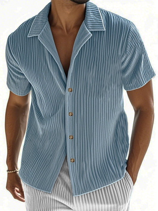 Men's Ribbed Vertical Striped Camp Collar Short-sleeved Lapel Shirt