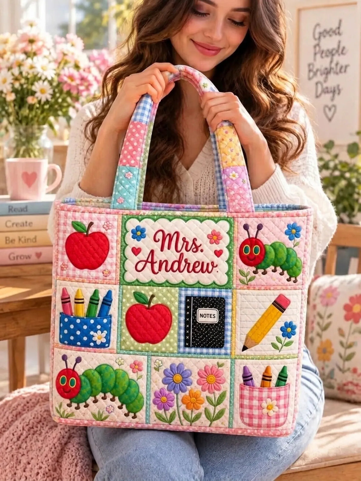 Thank You Teacher Rainbow Crayon Patchwork Quilted Tote Bag