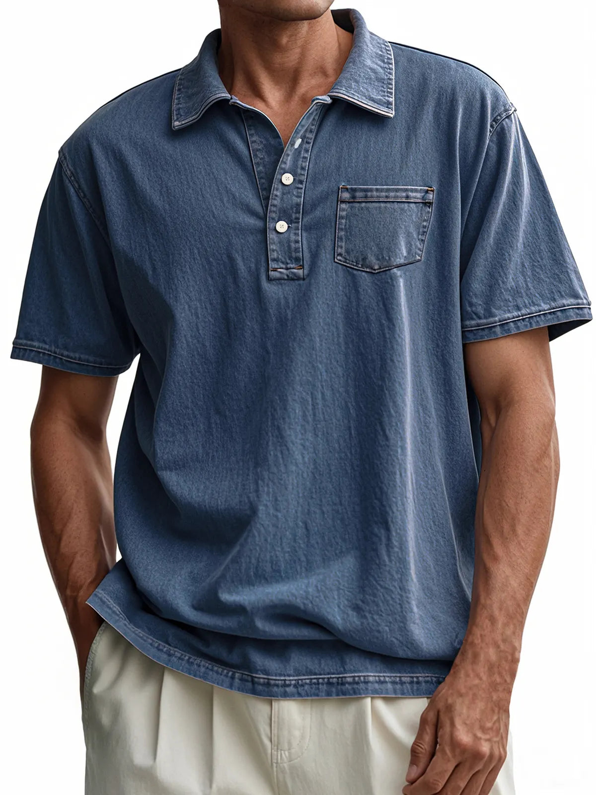 Men's Vintage Distressed Button-Down Short Sleeve POLO Shirt With Chest Pocket