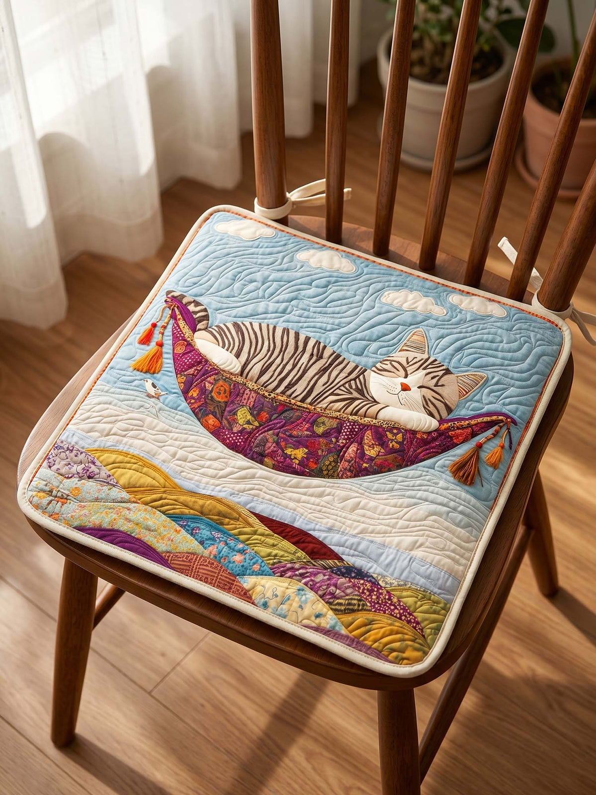 Sleeping Cat Quilted Chair Cushion