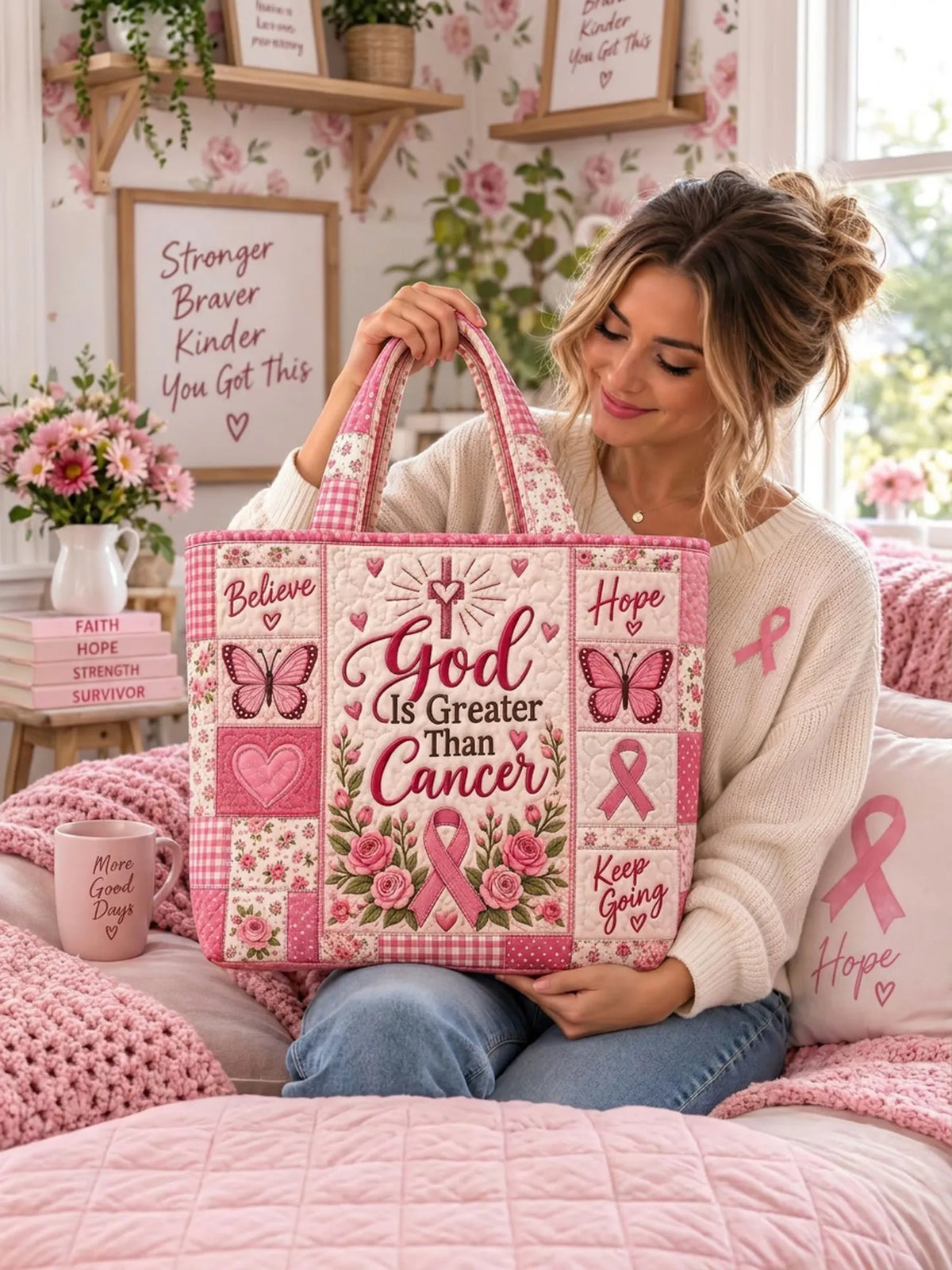 God Is Greater Than Cancer Pink Ribbon Butterfly Rose Patchwork Quilted Tote Bag