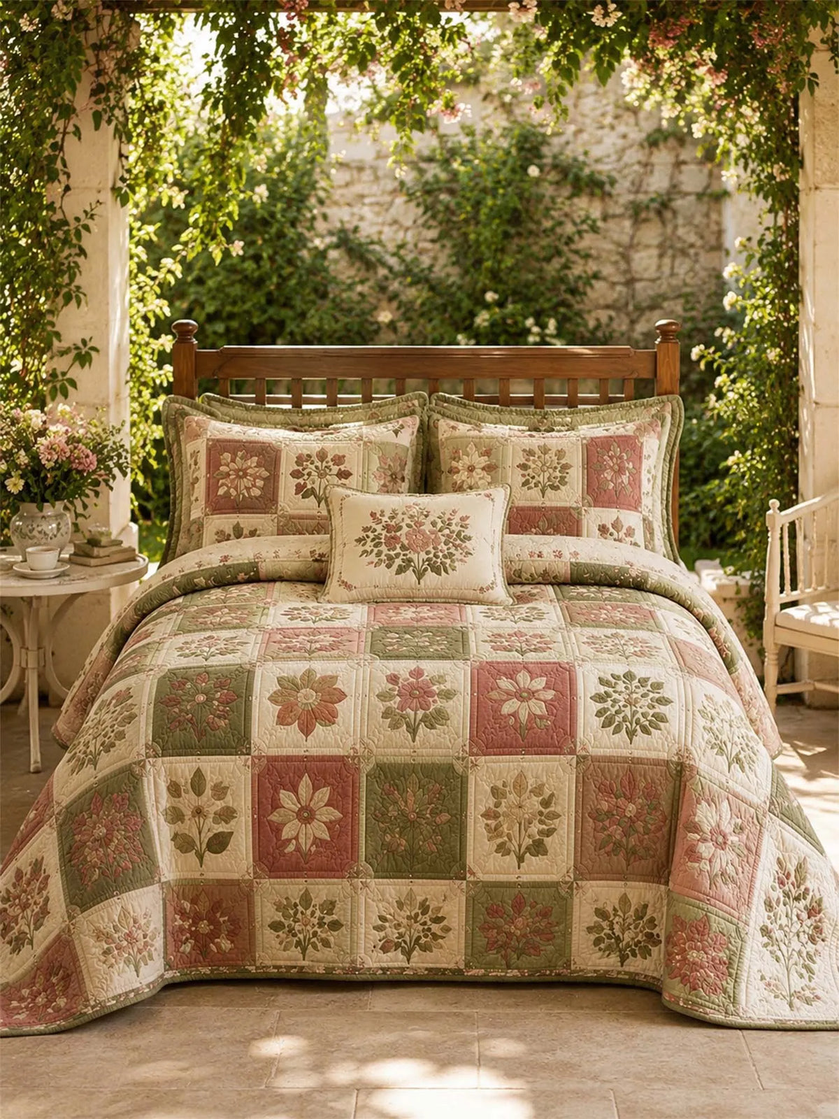 Vintage Floral Patchwork Quilted 3-Piece Bedding Set – Luxury Quilted Bedding with Matching Pillow Shams