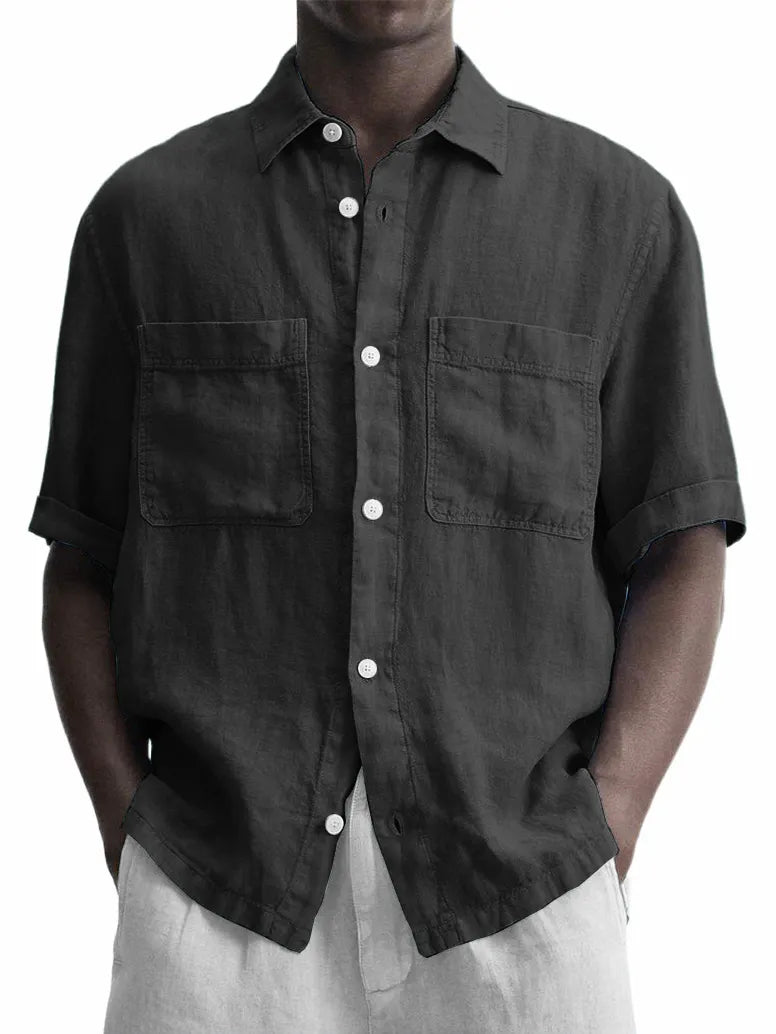Men's Cotton And Linen Double Pocket Classic Casual Versatile Short-sleeved Shirt