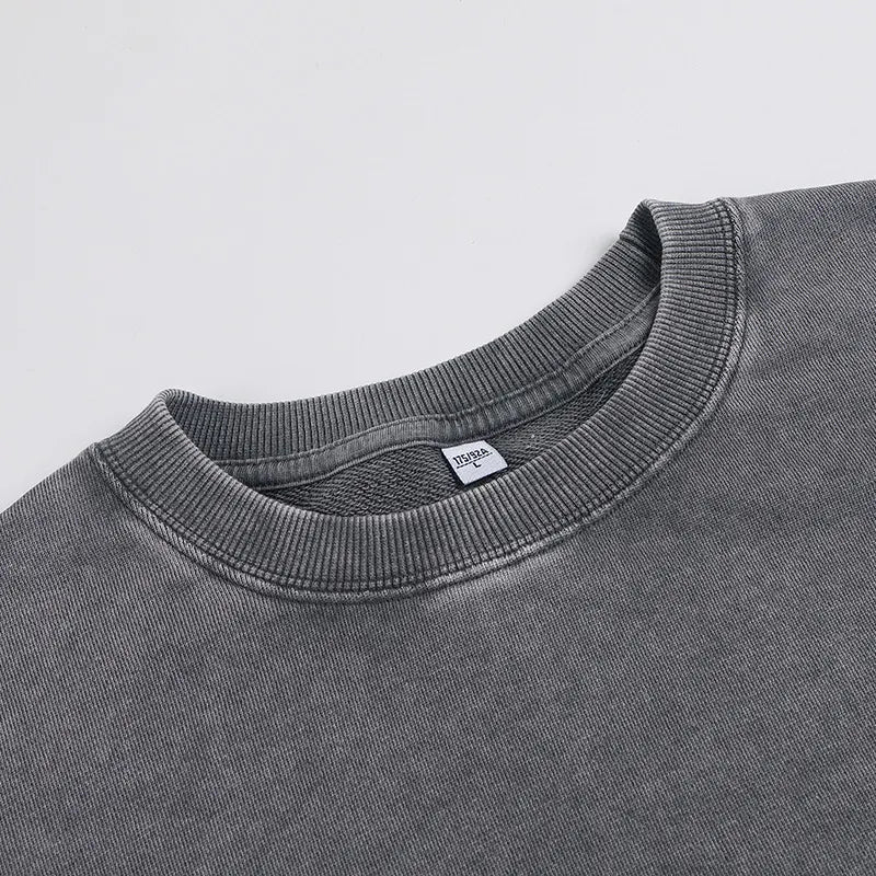 Men's Distressed Washed Cotton Round Neck Long-sleeved Sweatshirt