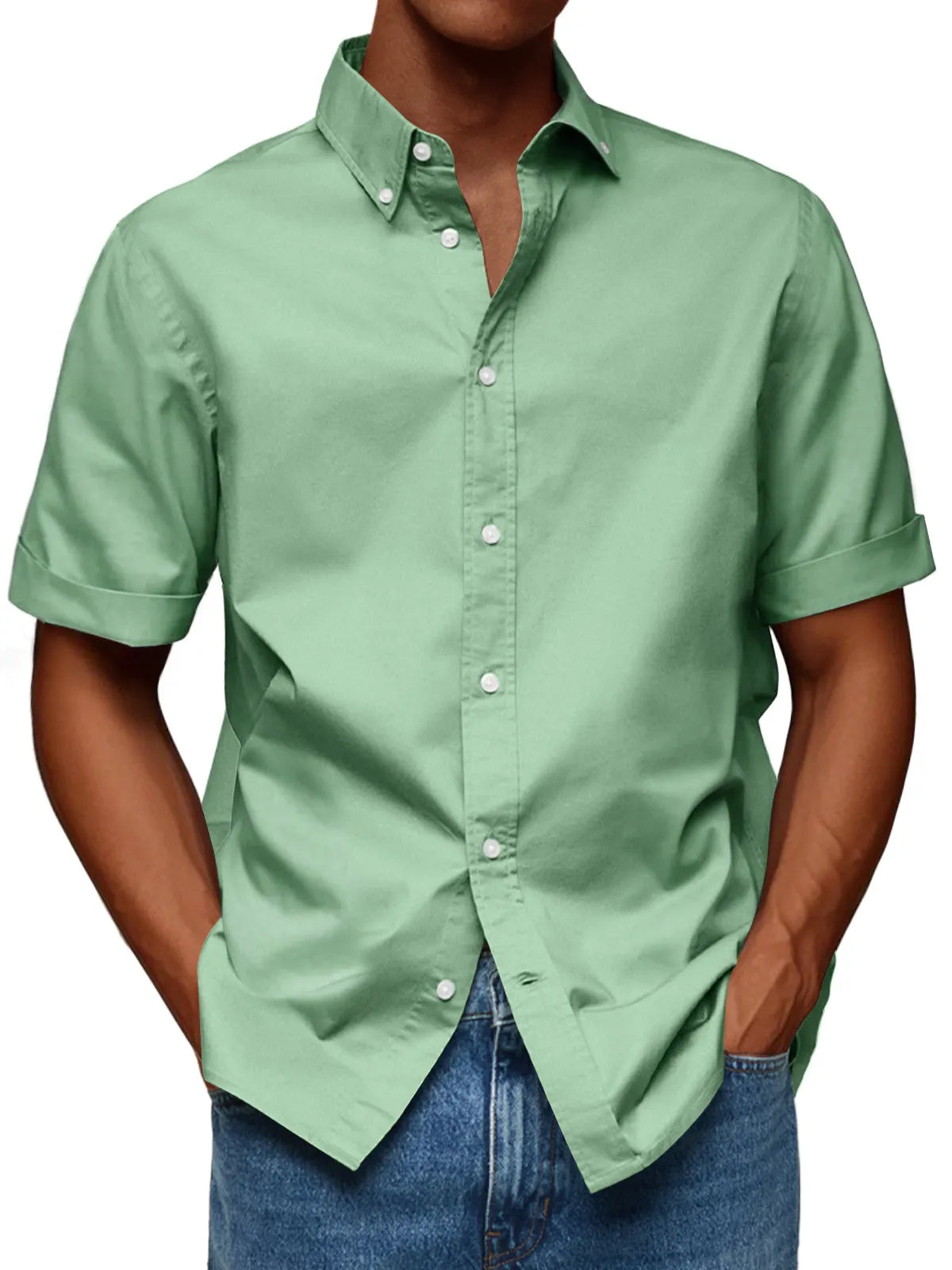 Men's Fashion Casual Lapel Solid Color Comfortable Short Sleeve Shirt