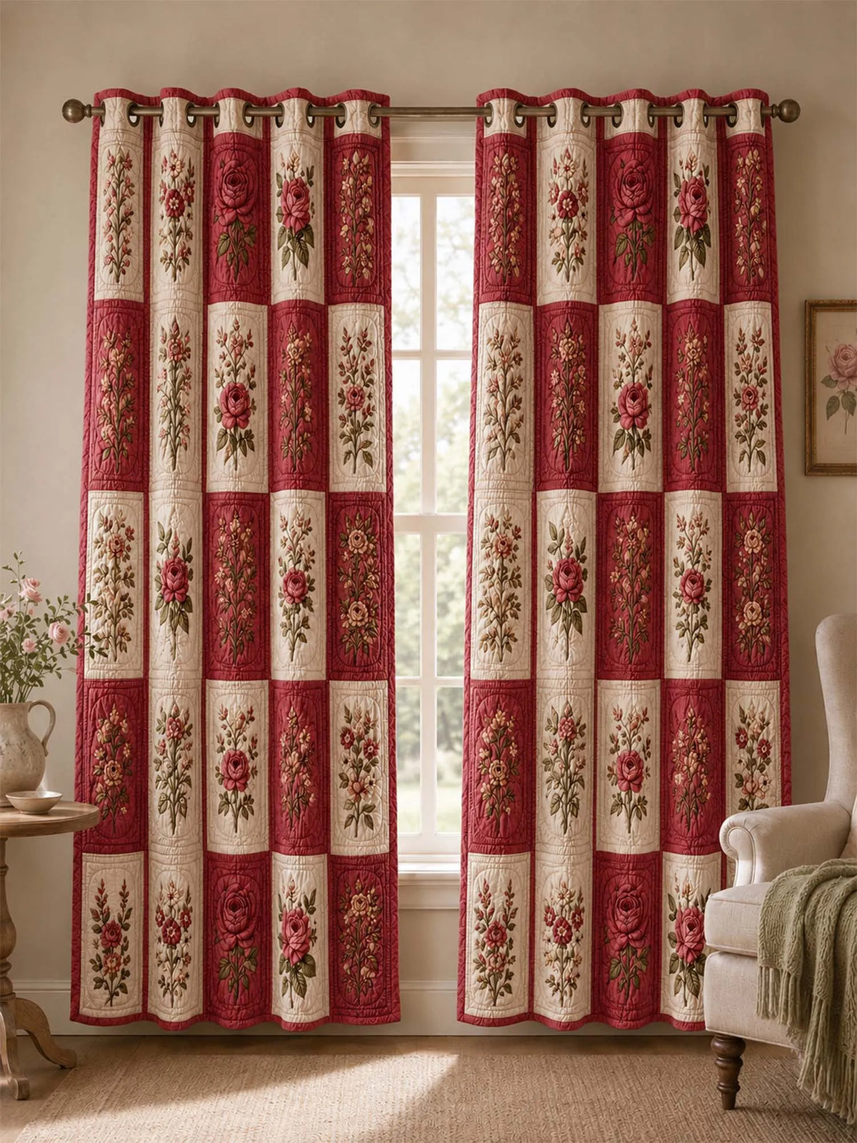 Vintage Rose Patchwork Quilted 2-Panel Curtain Set