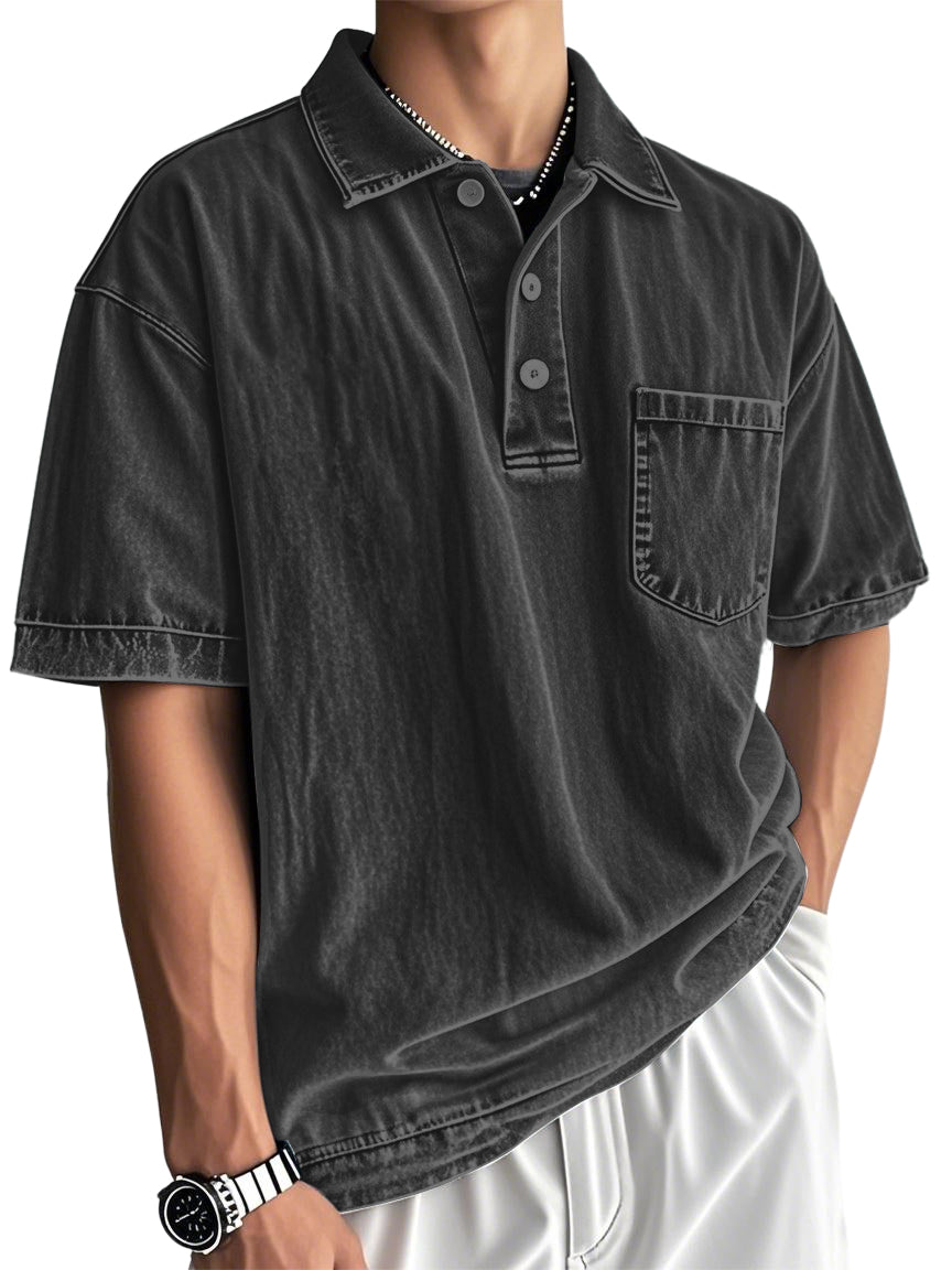 Men's Washed And Distressed Cotton Vintage Casual Polo Shirt