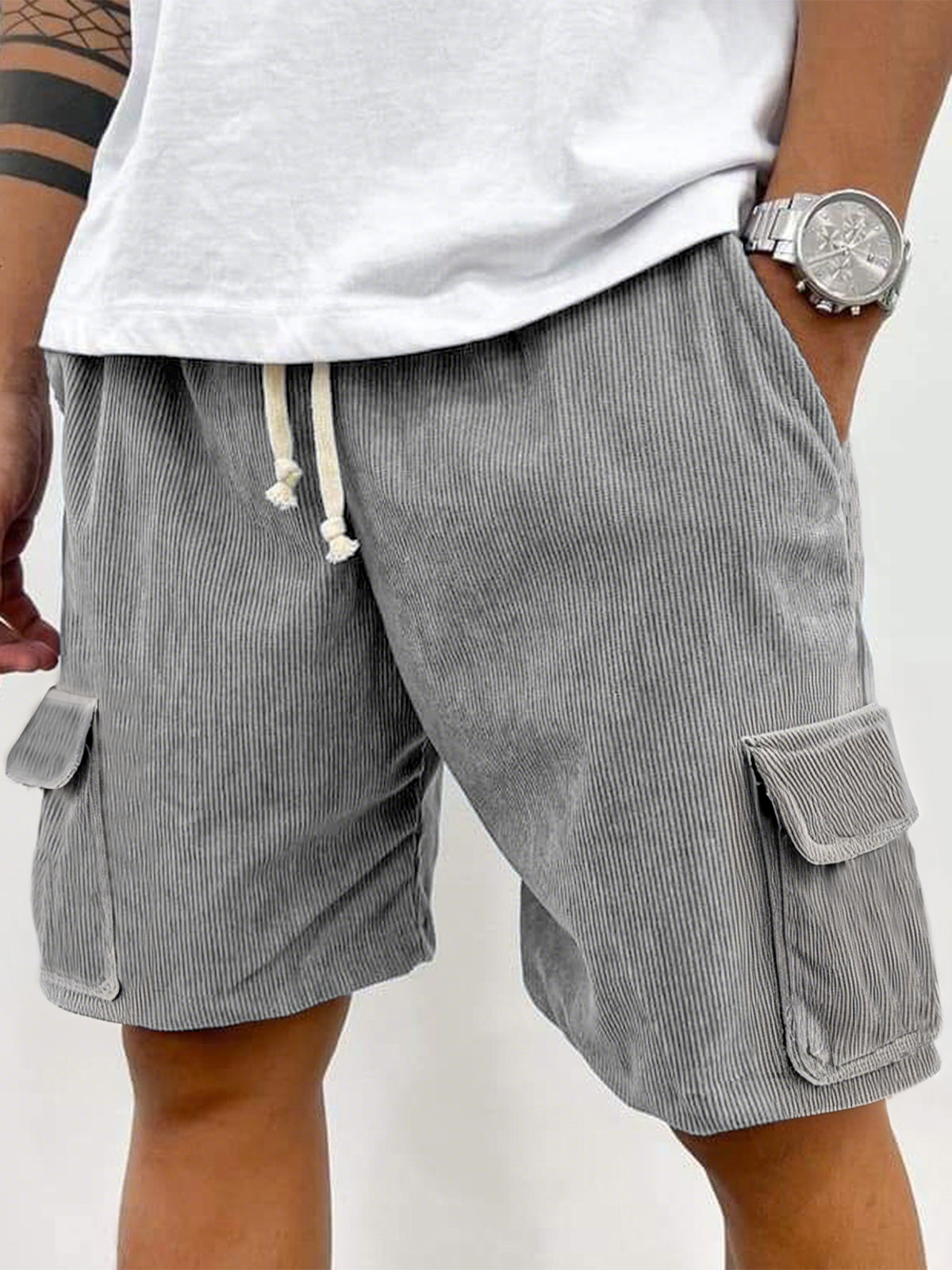 Men's Corduroy Stylish Multi-Pocket Lace Up Utility Casual Cargo Shorts