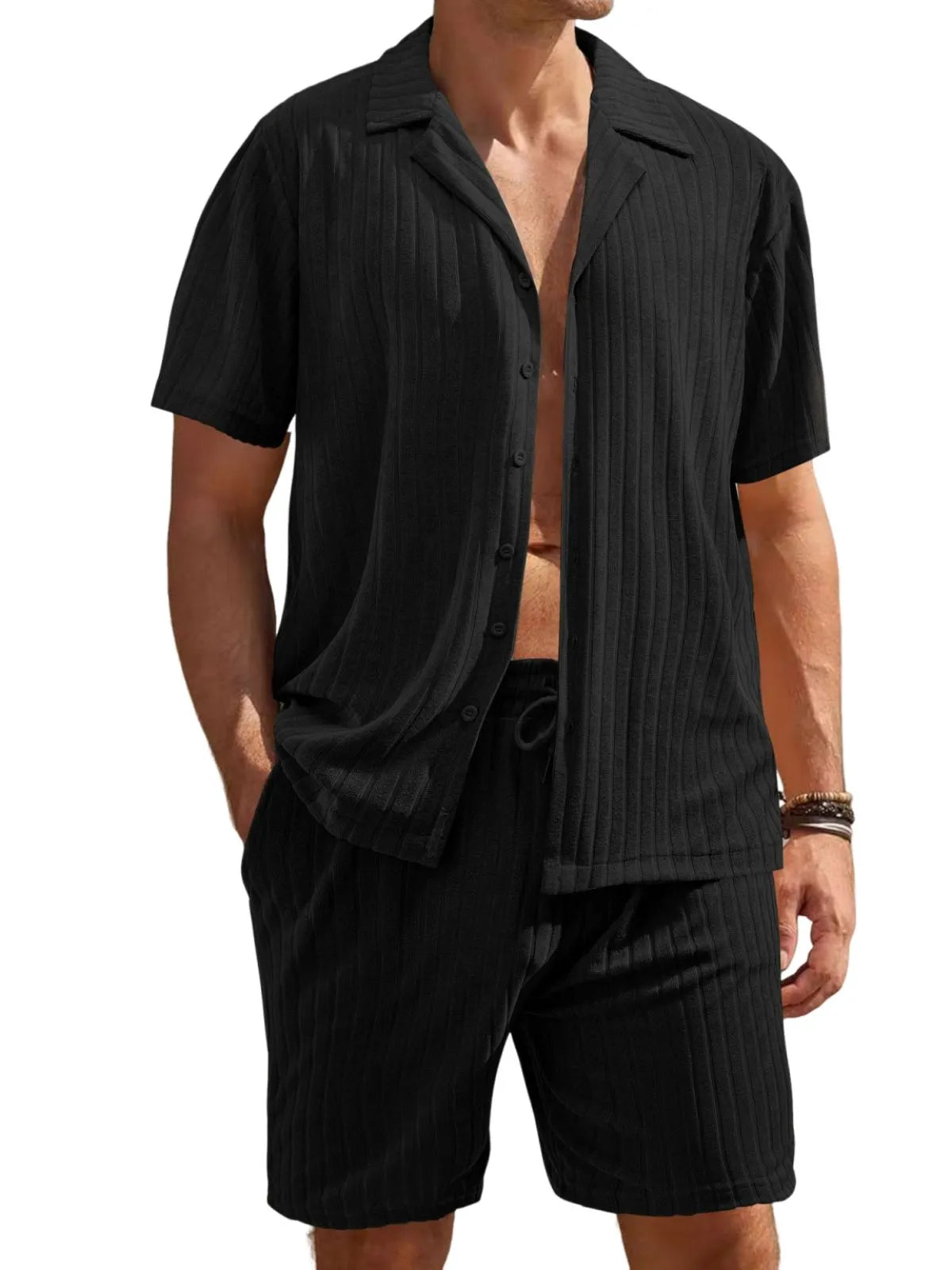 Men's Comfortable Towel Jacquard Casual Cardigan Short Sleeve Shorts Set