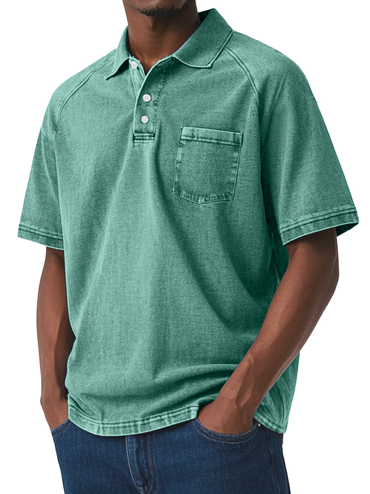 Men's Casual Retro Solid Color Comfortable Raglan Sleeve Lapel Polo Shirt