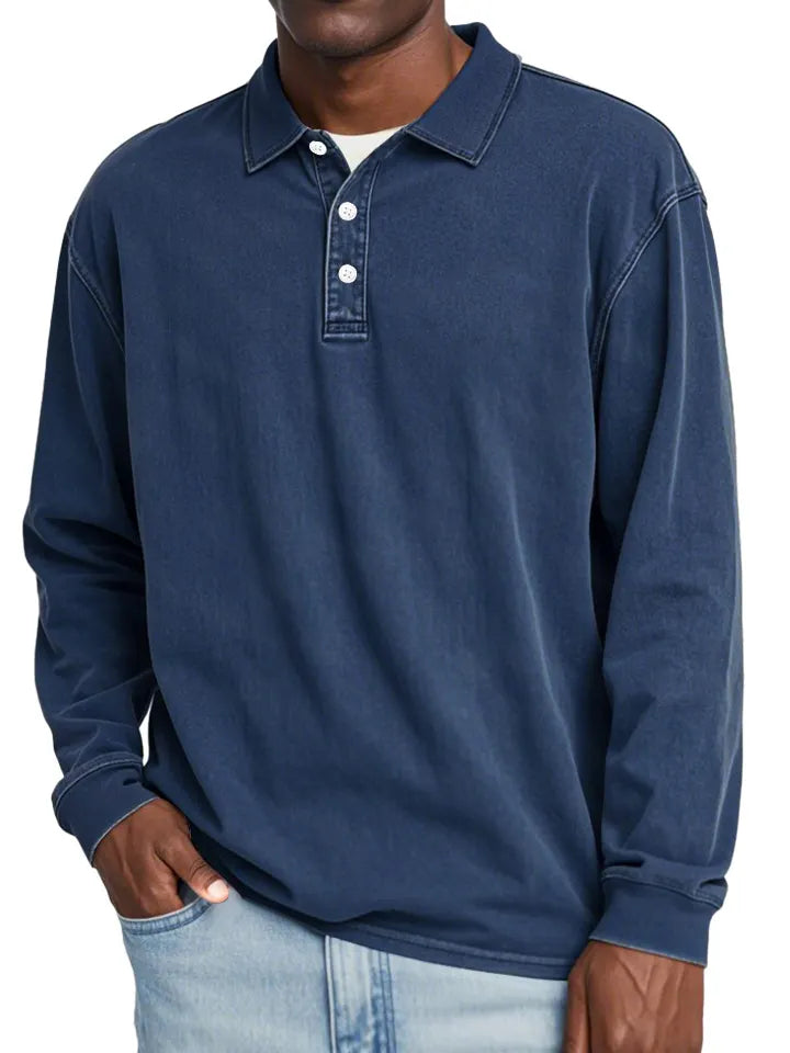 Men's Retro Lapel Button Solid Color Long Sleeve POLO Shirt