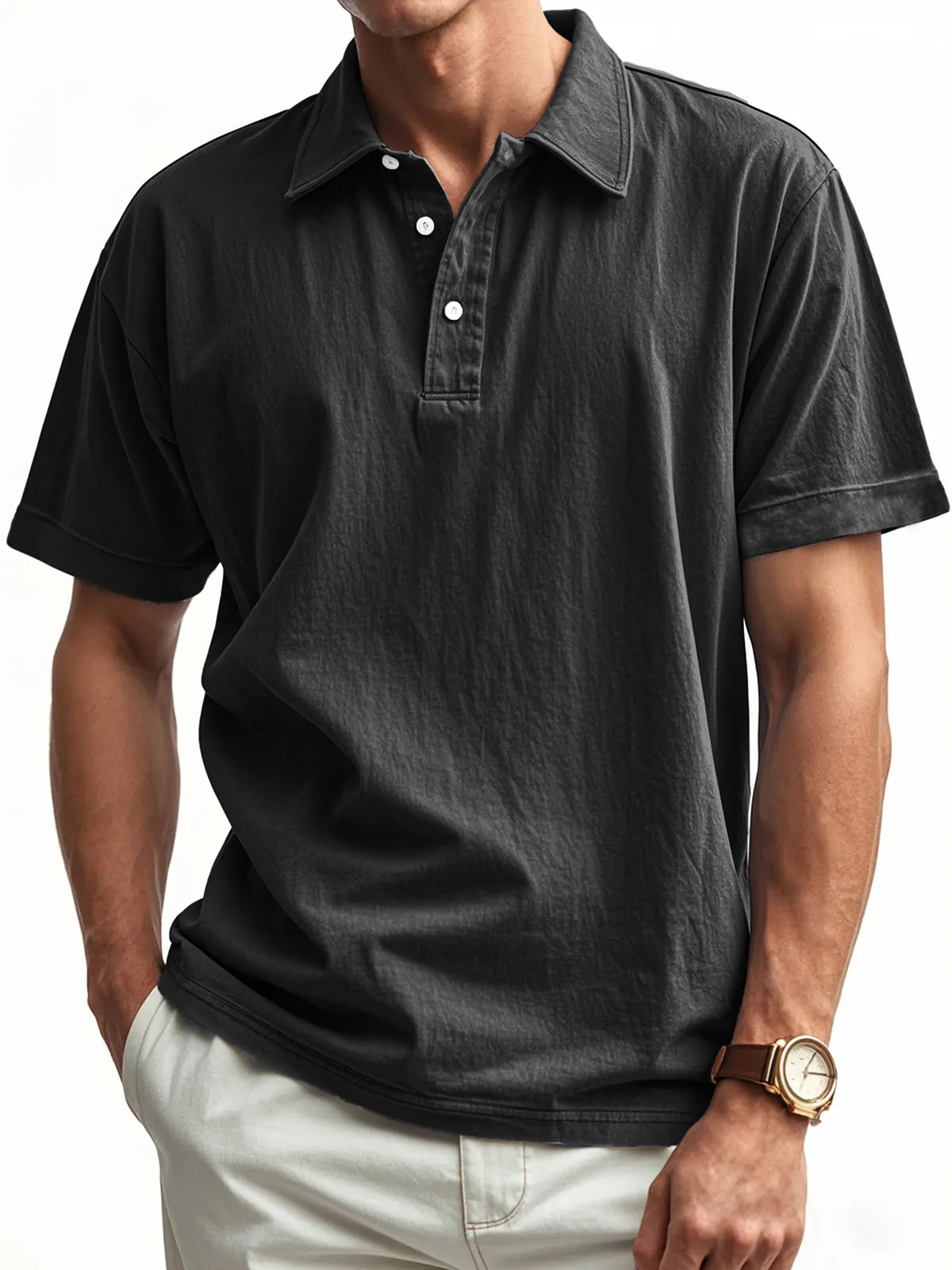Men's Retro Washed Distressed Button Lapel Casual POLO Shirt