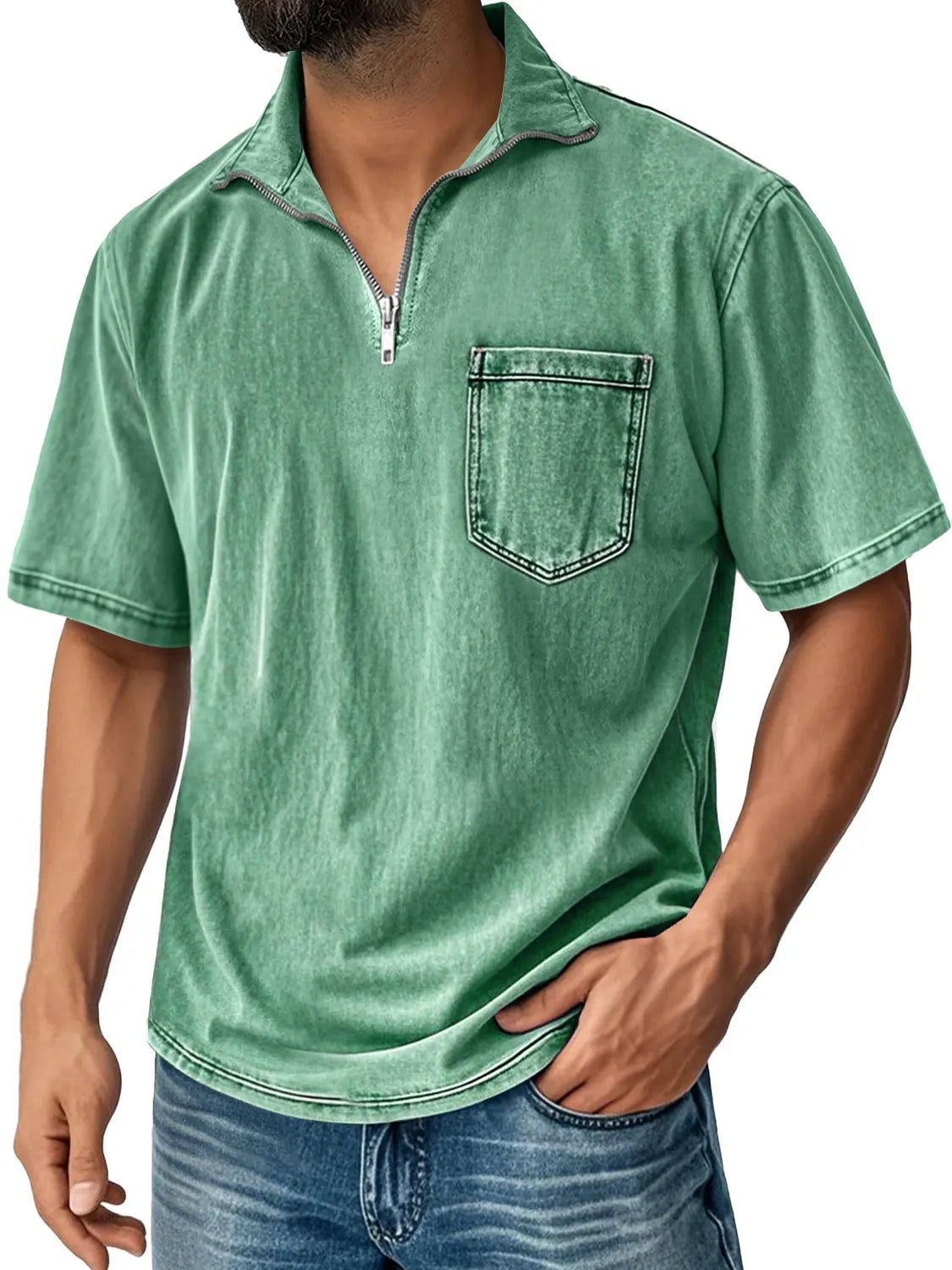 Men's Retro Stand Collar Zipper Casual Pocket Comfortable Short Sleeve T-shirt