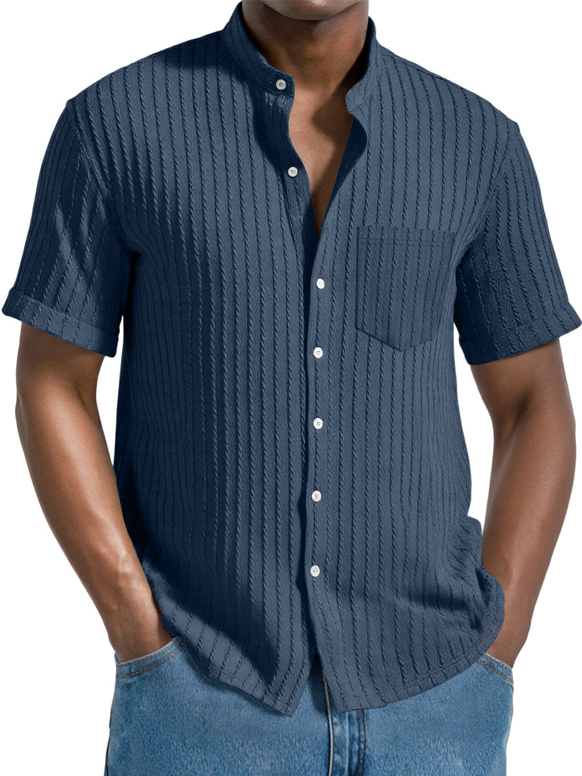 Men's Daily Jacquard Texture Stand Collar Button Casual Short Sleeve Shirt