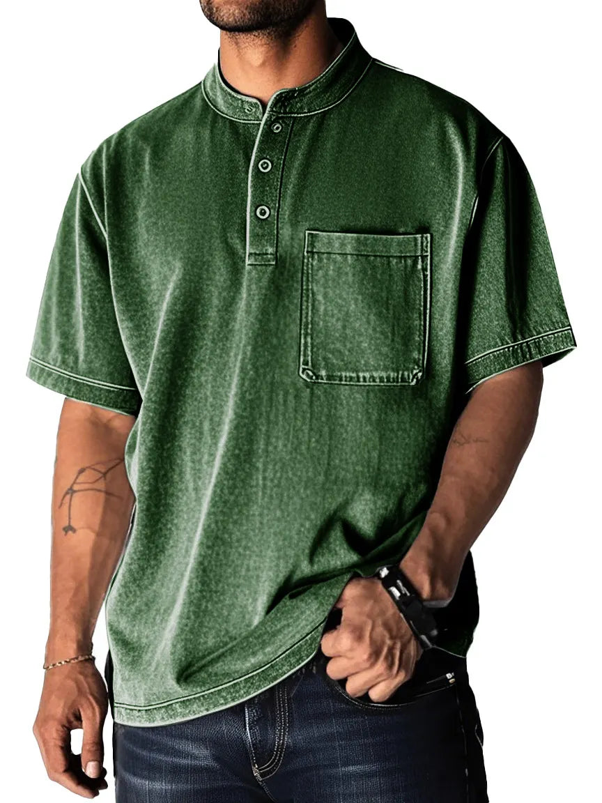 Men's Fashion Retro Distressed Pocket Short Sleeve Lapel Henley Shirt