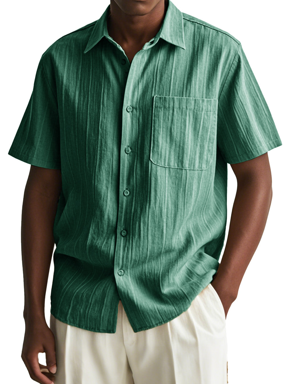 Men's Fashion Casual Pleated Fabric Short Sleeve Pocket Shirt