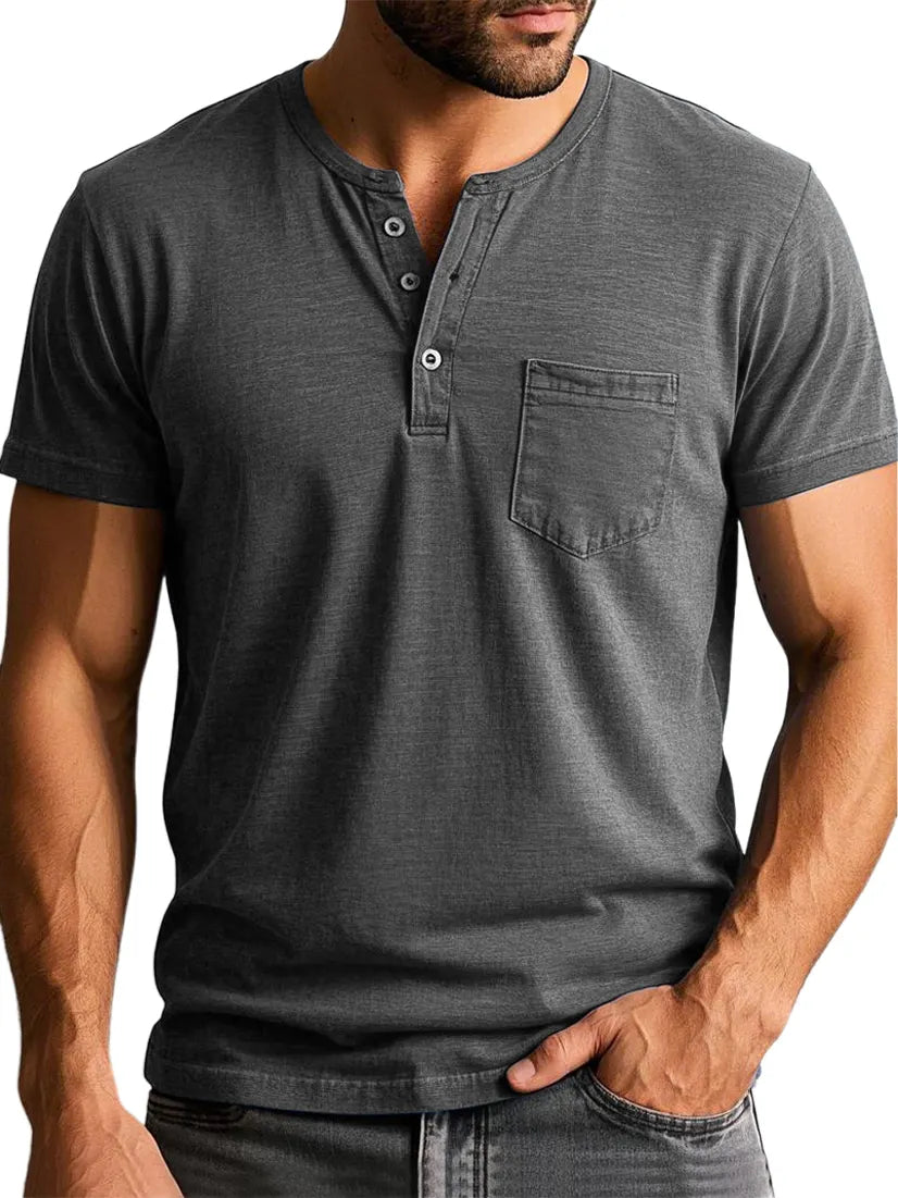 Men's Vintage Henley Collar Pocket Short Sleeve Casual T-shirt