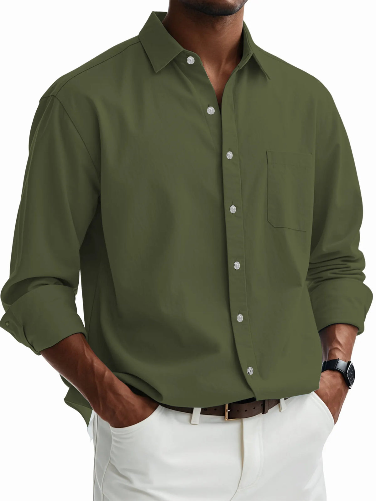Men's Casual Cotton Pocket Basic Long Sleeve Shirt