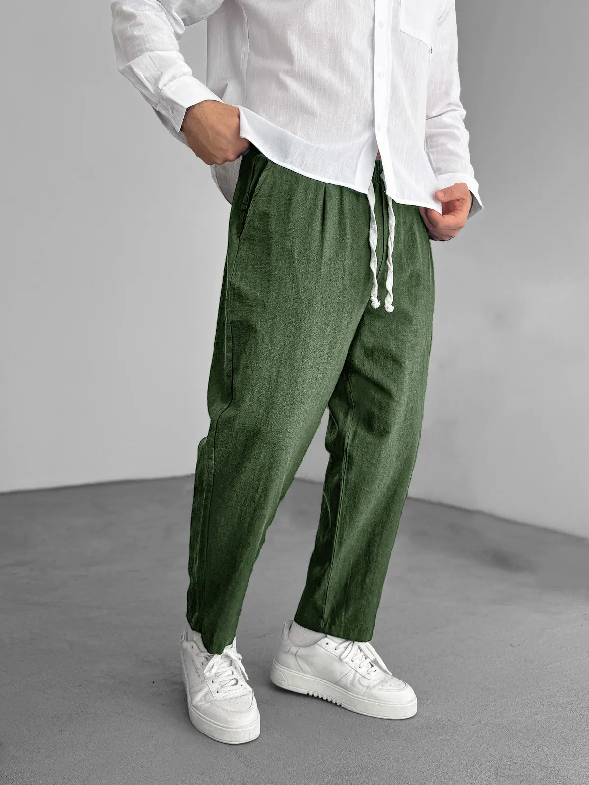 Men's Fashion Casual Hemp Fabric Elastic Drawstring Pocket Trousers