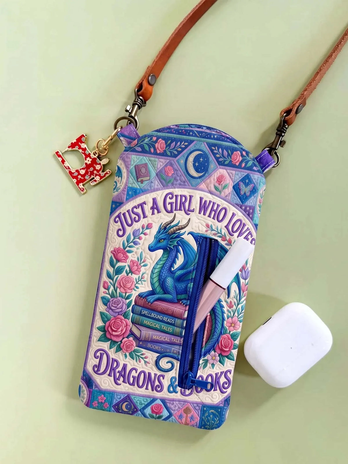 Dragon & Book Lover Quilted Slim Phone Crossbody Bag