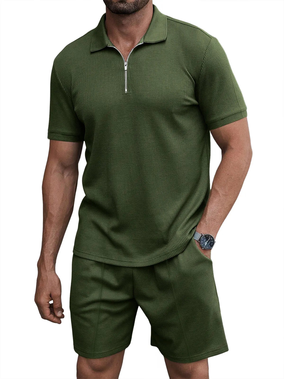 Men's Casual Waffle Zipper Short Sleeve Polo Suit