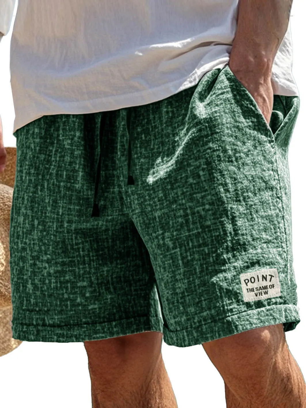Men's Fashion Casual Hemp Fabric Pocket Embroidered Logo Shorts