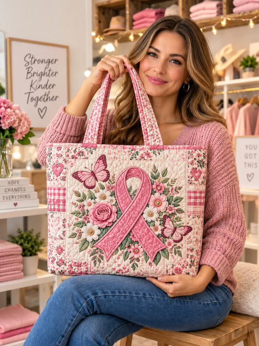 Pink Ribbon Floral Butterfly Patchwork Quilted Tote Bag